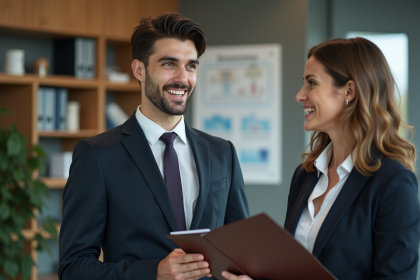 Jeune homme en costume discutant avec une conseillère dans un bureau moderne