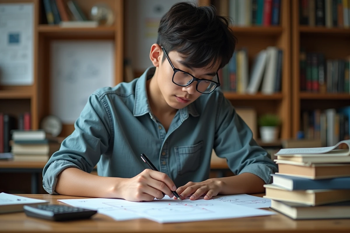 Jeune homme étudiant dessinant un diagramme vectoriel dans une salle d'étude