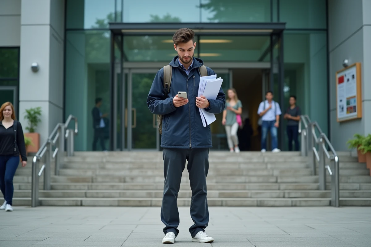 Jeune homme vérifiant son téléphone devant un bâtiment universitaire
