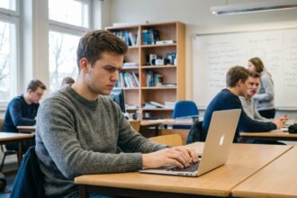 Jeune homme concentré en classe avec ordinateur portable