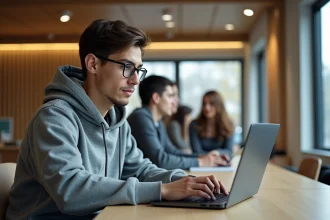 Jeune homme étudiant concentré sur son ordinateur dans un lounge universitaire