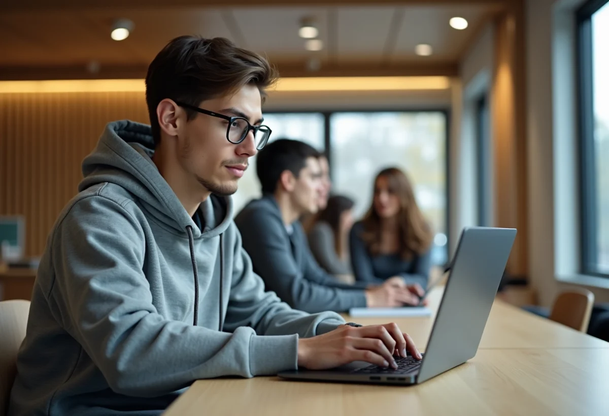 Jeune homme étudiant concentré sur son ordinateur dans un lounge universitaire