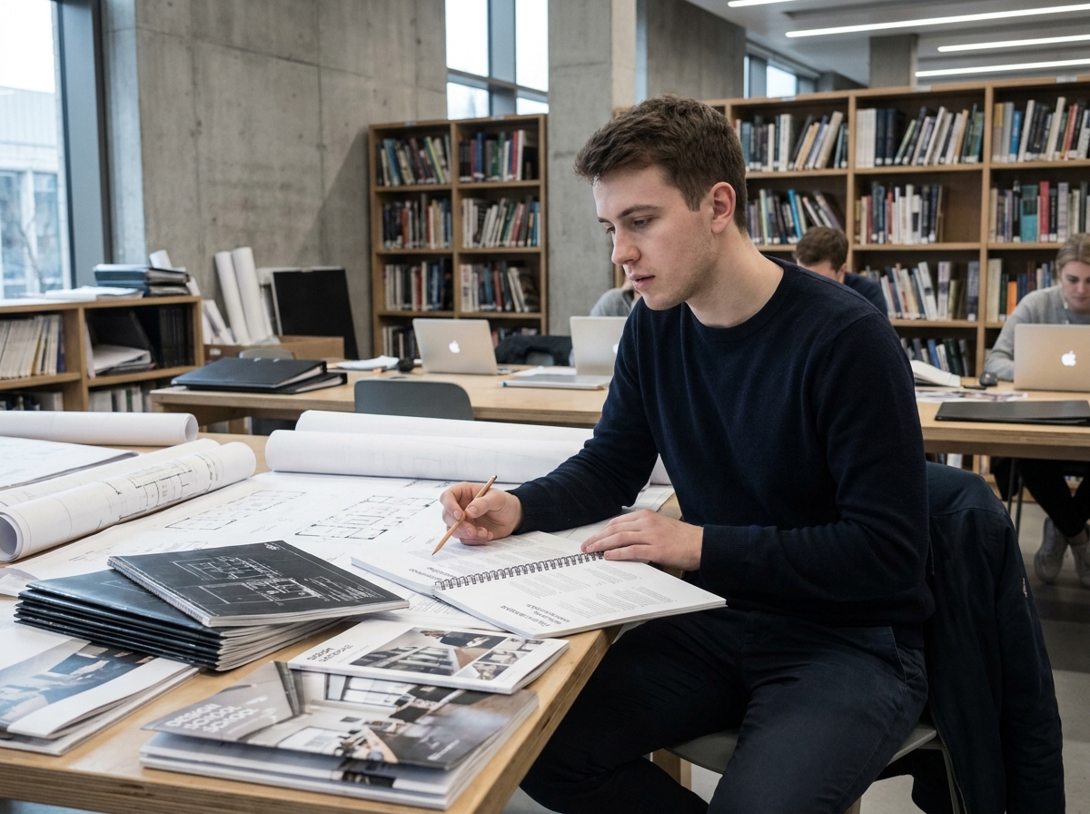 Jeune homme étudiant les formations artistiques post-bac dans une bibliothèque de design