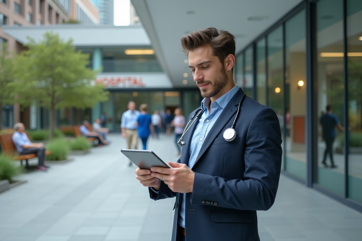 Jeune homme avec stethoscope devant un hôpital moderne