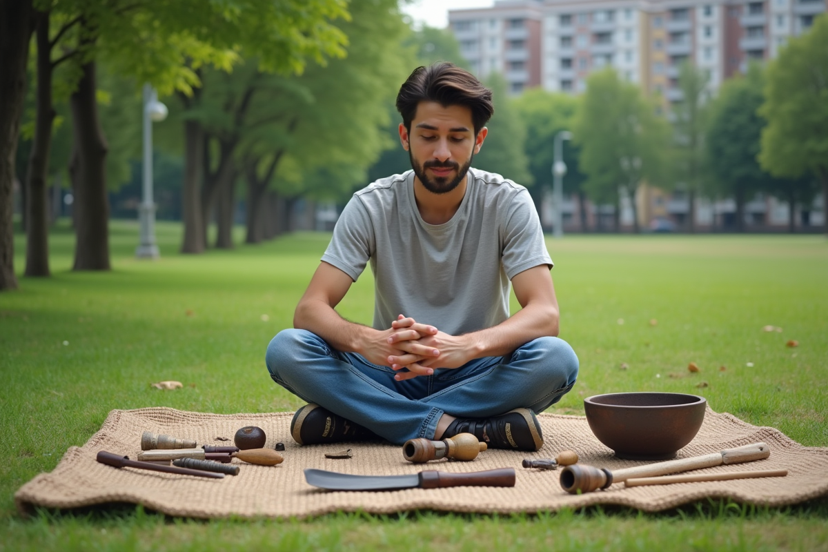 Jeune homme étudiant des outils traditionnels dans un parc