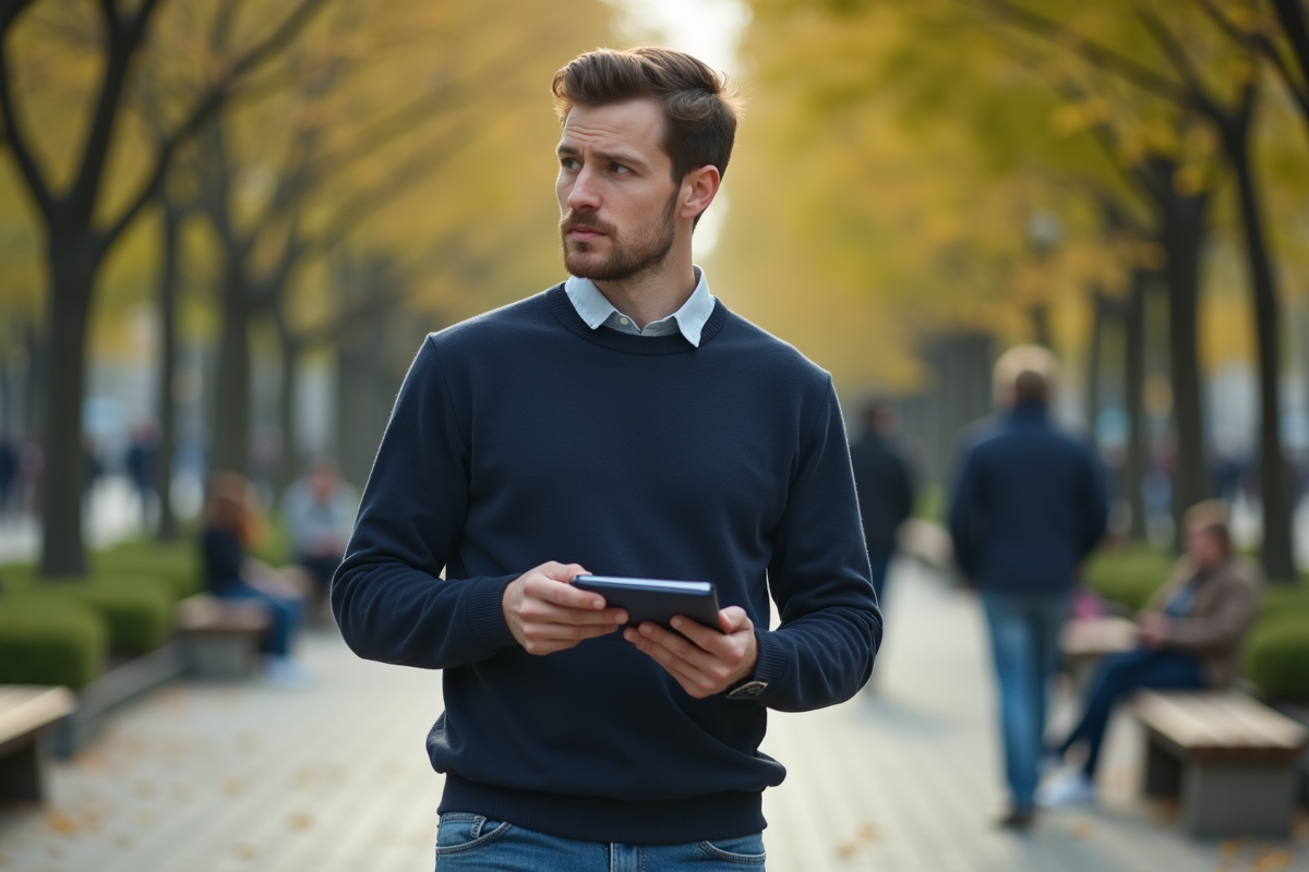 Jeune homme dans un parc urbain pensant à ses notes