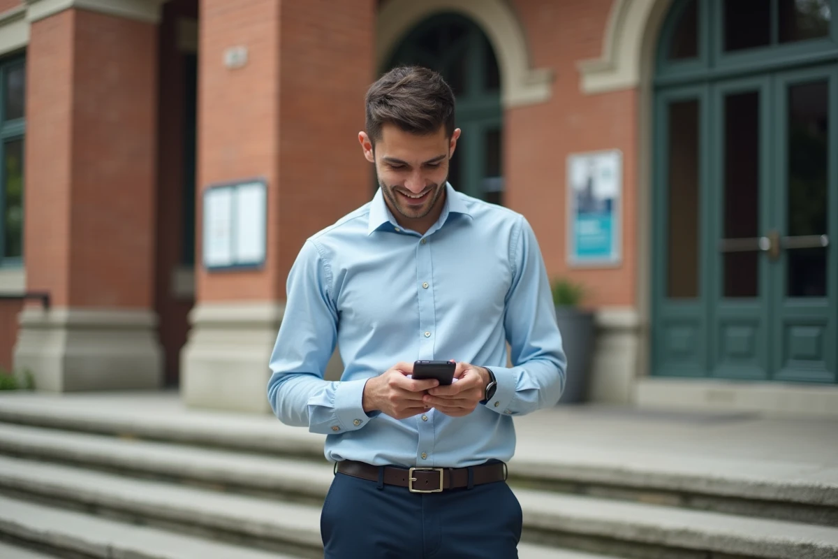Jeune homme étudiant vérifiant son smartphone dehors