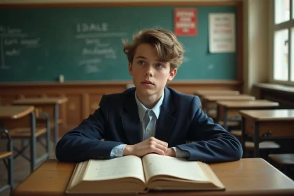 Jeune lyceen pensif en classe avec livres anciens