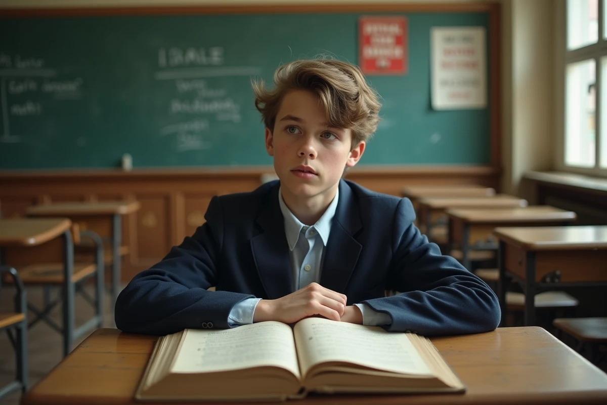 Jeune lyceen pensif en classe avec livres anciens