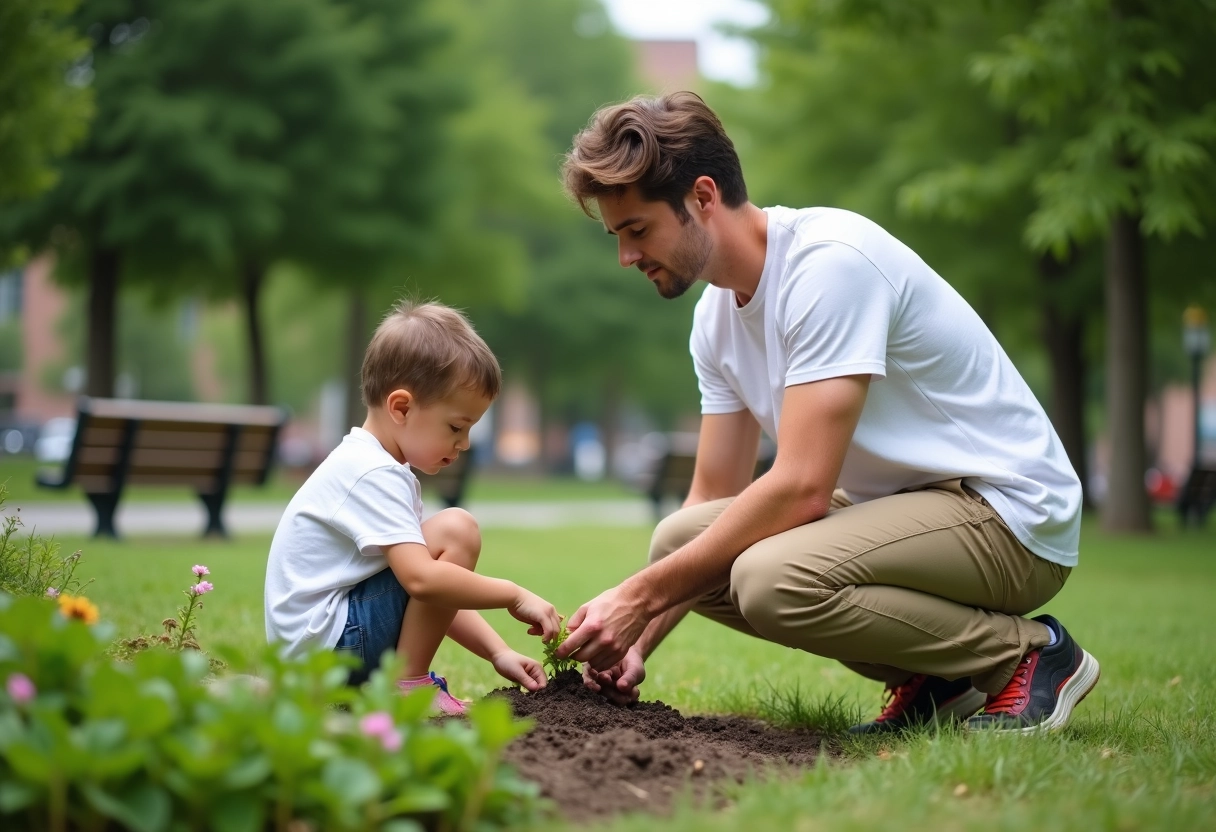Jeune aidant un enfant a planter des fleurs dans un parc