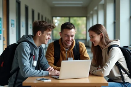 Groupe d'adolescents apprentis discutant autour d'une table