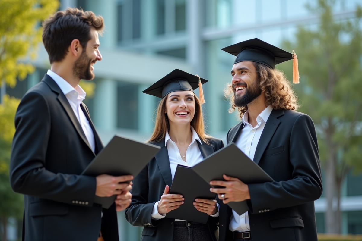 Jeunes diplômés discutant devant un bâtiment d
