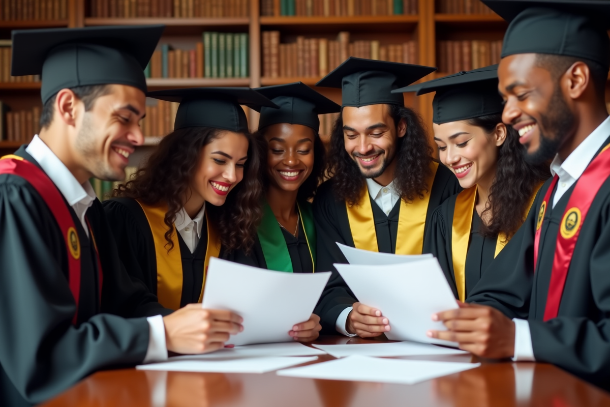 Groupe de diplômés universitaires fiers avec diplômes estampillés CAMES