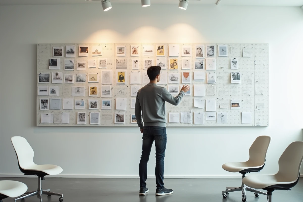 Étudiant présentant son book de storyboard et de design de personnages lors d'un jury d'admission dans une école d'art parisienne type Gobelins