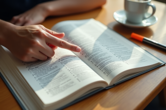 Mains feuilletant un livre avec chiffres et un café à côté
