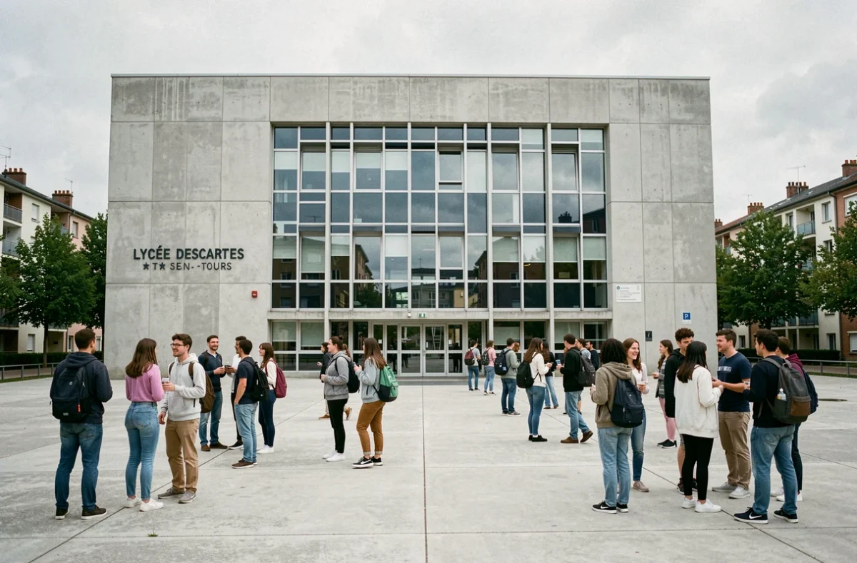 Façade moderniste du Lycée Descartes à Tours avec des lycéens dans la cour extérieure