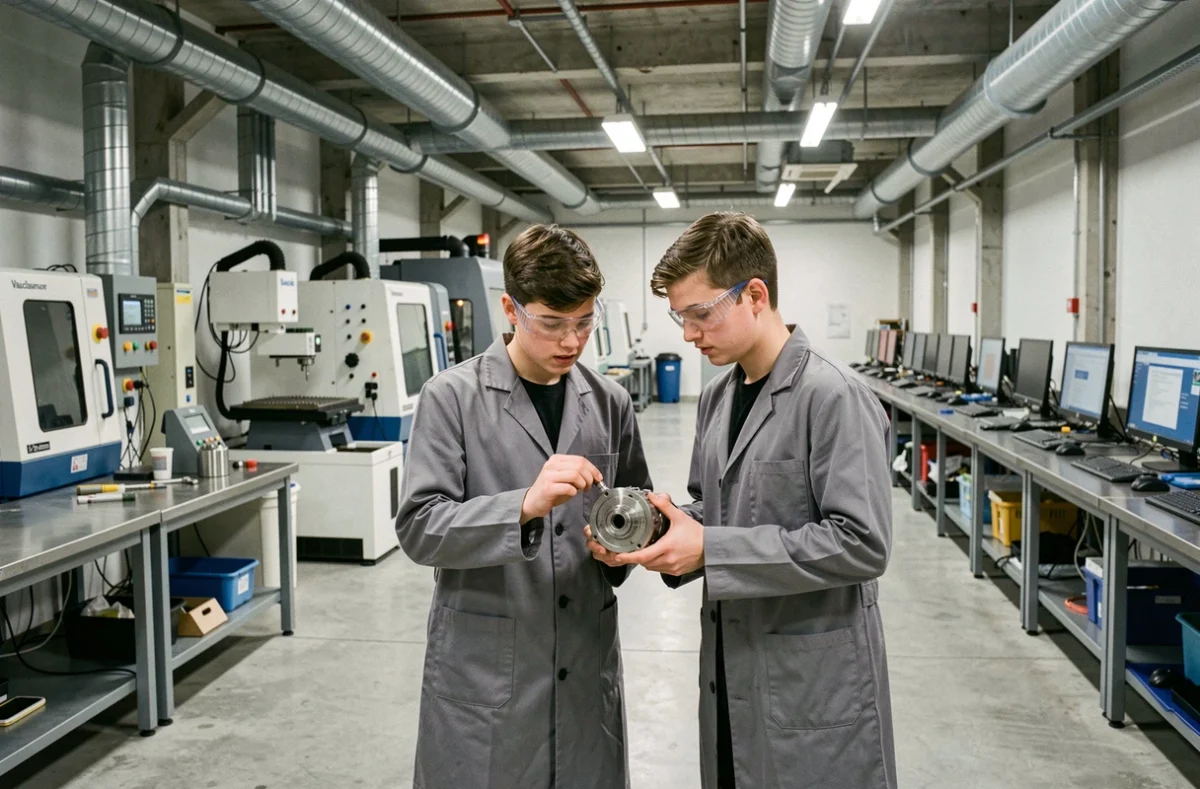 Atelier technologique du Lycée Jacques de Vaucanson à Tours avec deux élèves examinant une pièce mécanique