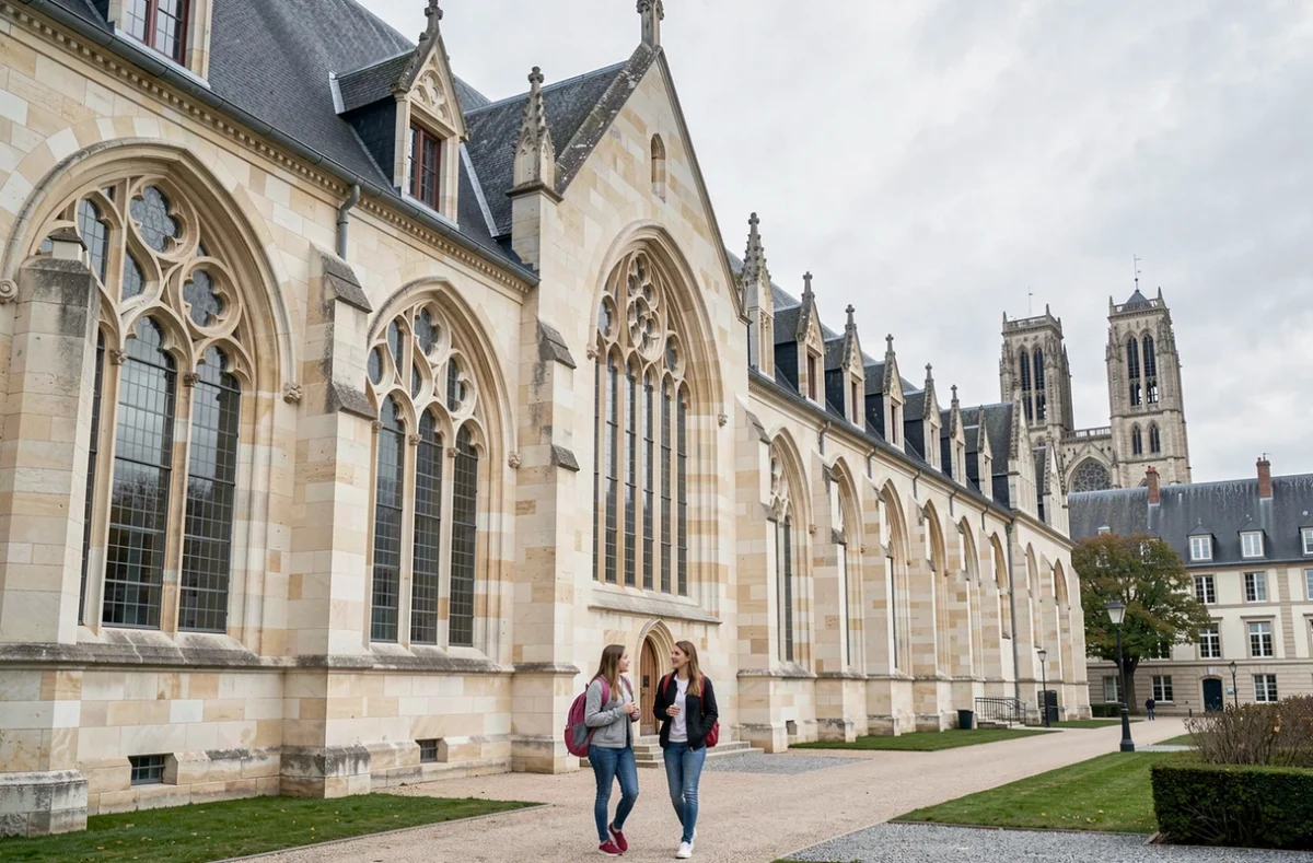 Lycée Notre-Dame à Chartres avec en arrière-plan les tours de la cathédrale de Chartres