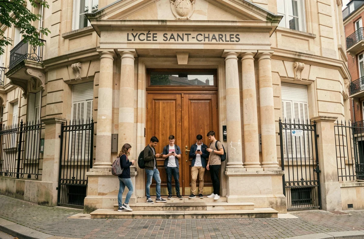 Entrée principale du Lycée Saint-Charles à Orléans avec des lycéens sur les marches