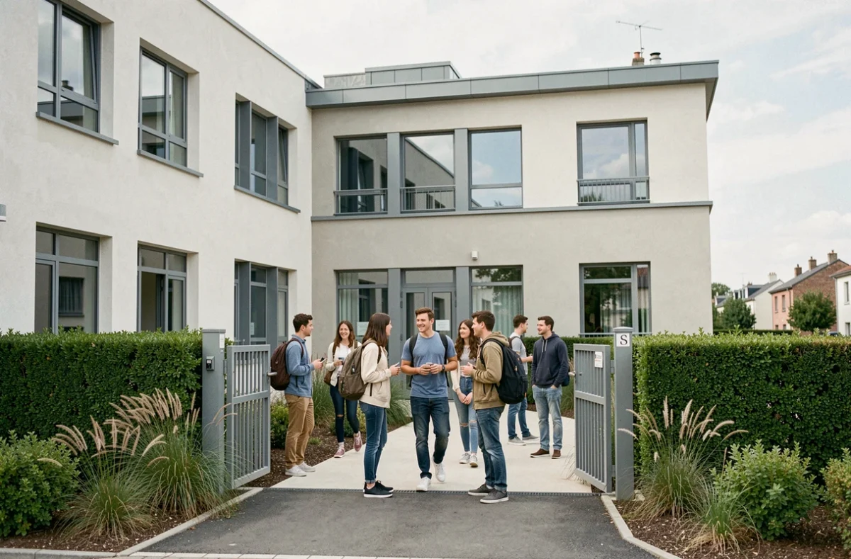 Entrée du Lycée Saint-Gatien à Joué-lès-Tours avec un groupe d'élèves passant le portail