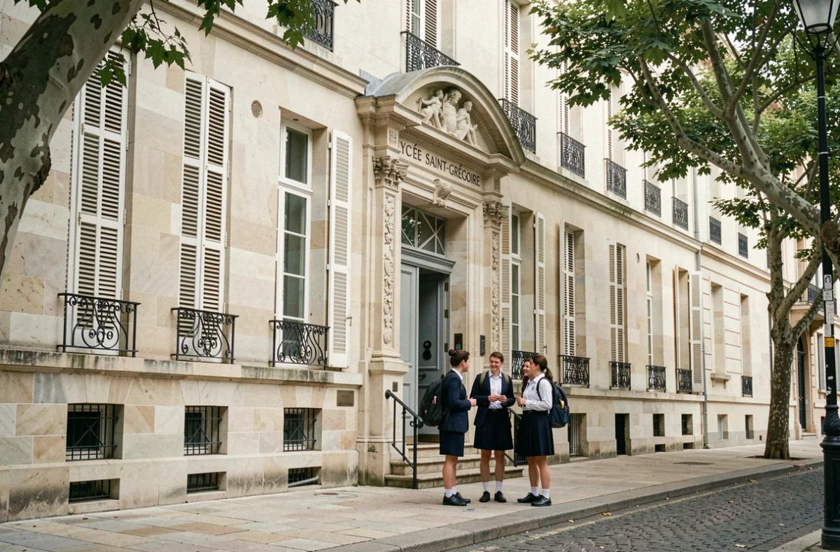 Façade du Lycée Saint-Grégoire à Tours avec des élèves devant l'entrée en pierre