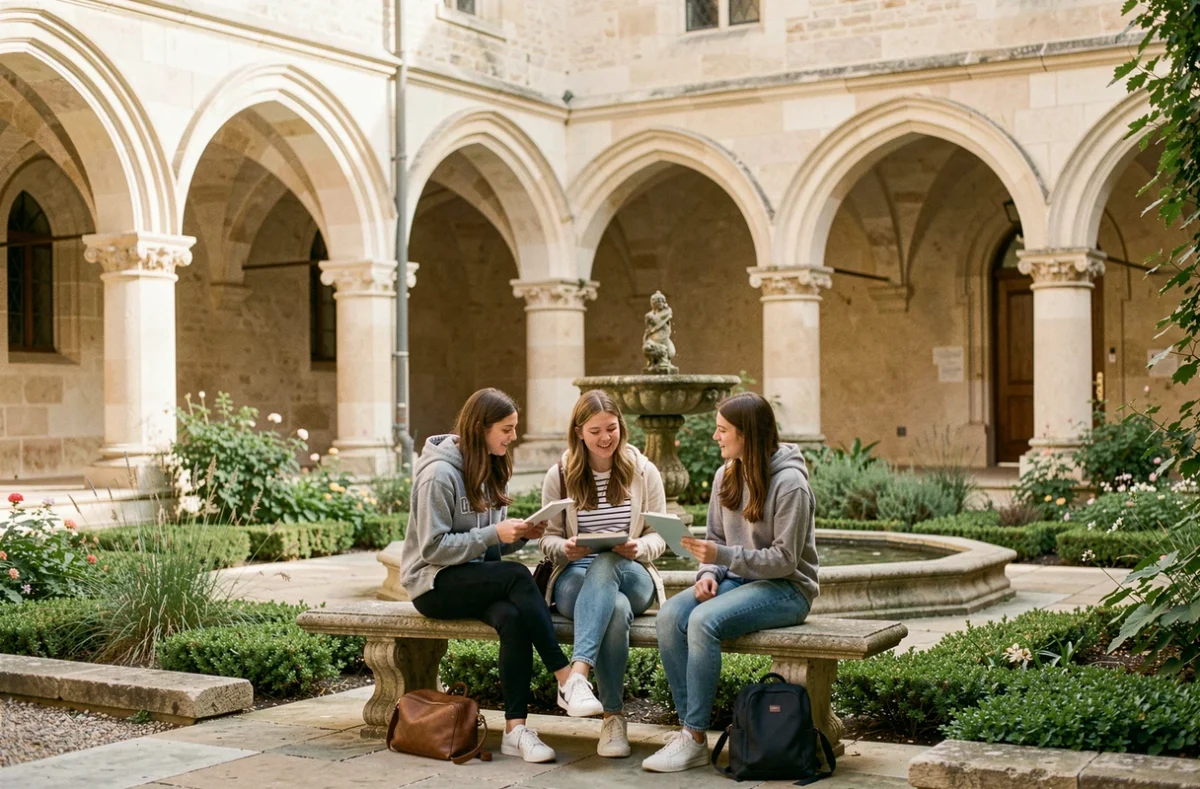 Cloître historique du Lycée Sainte-Croix Saint-Euverte à Orléans avec des élèves assises sur un banc en pierre