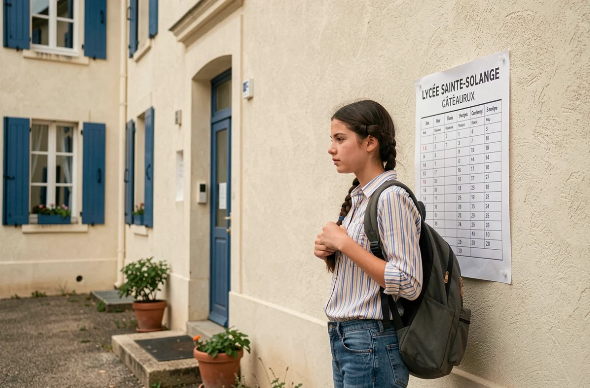 Entrée du Lycée Sainte-Solange à Châteauroux avec une élève consultant un tableau d'affichage