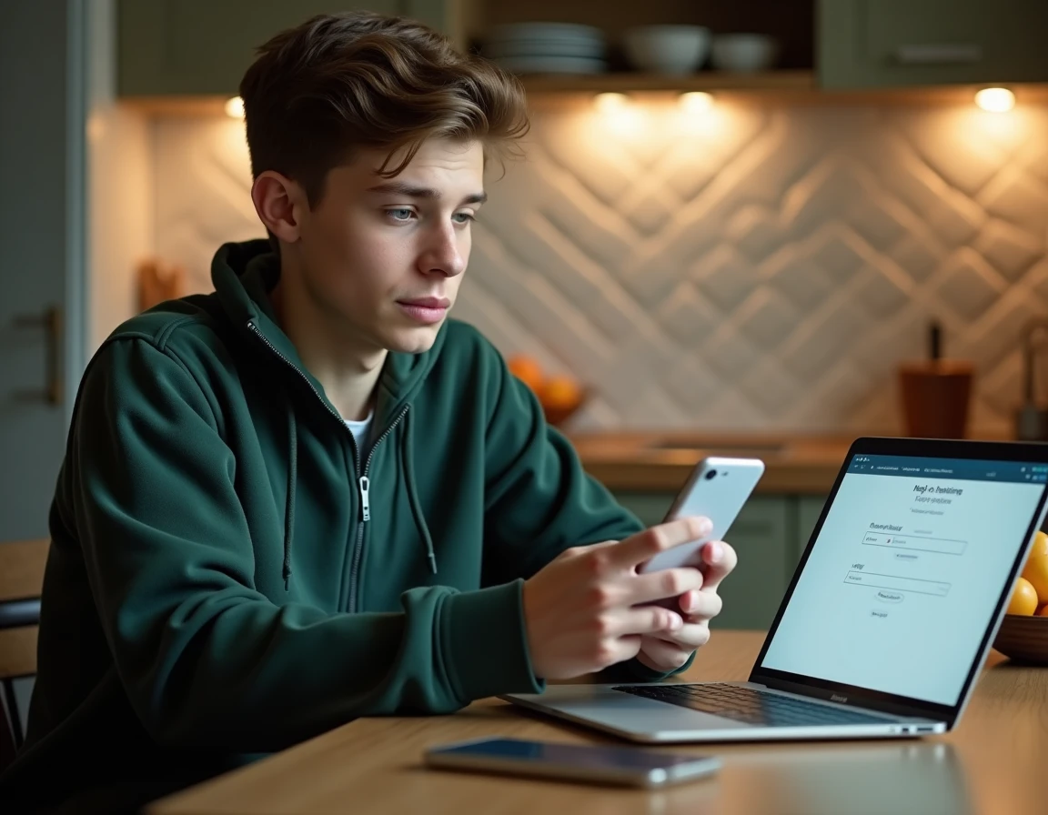 Lycéen utilisant son smartphone et son ordinateur portable à la maison pour réinitialiser son mot de passe et résoudre un problème d'accès au portail PIA de l'Académie de Grenoble