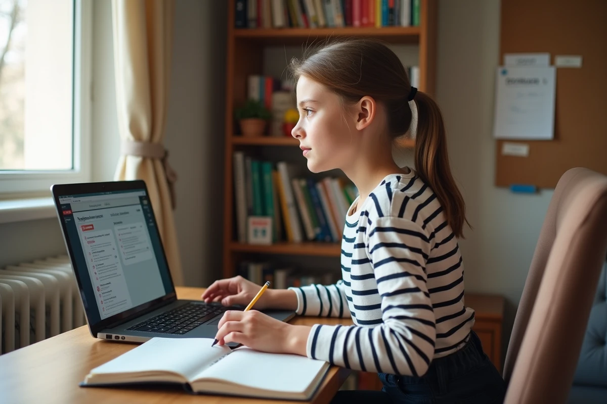 Lycéenne travaillant sur un ordinateur portable depuis chez elle avec accès aux manuels numériques ENT Touraine