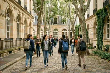 Cour intérieure d'un lycée en Centre-Val de Loire avec des élèves marchant entre des bâtiments en pierre historiques