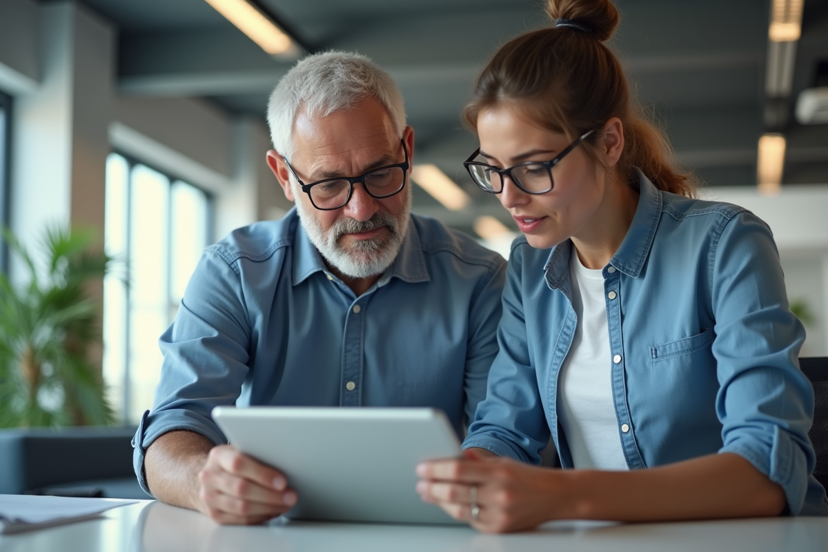 Manager senior mentorant un jeune collègue au bureau