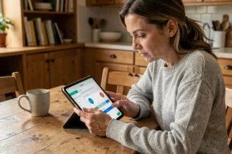 Mère consultant le cahier de liaison Scolinfo sur une tablette dans une cuisine familiale