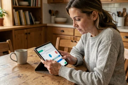 Mère consultant le cahier de liaison Scolinfo sur une tablette dans une cuisine familiale