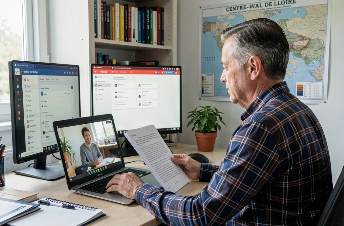 Enseignant de Notre-école.net donnant un cours particulier en ligne depuis son bureau en Centre-Val de Loire