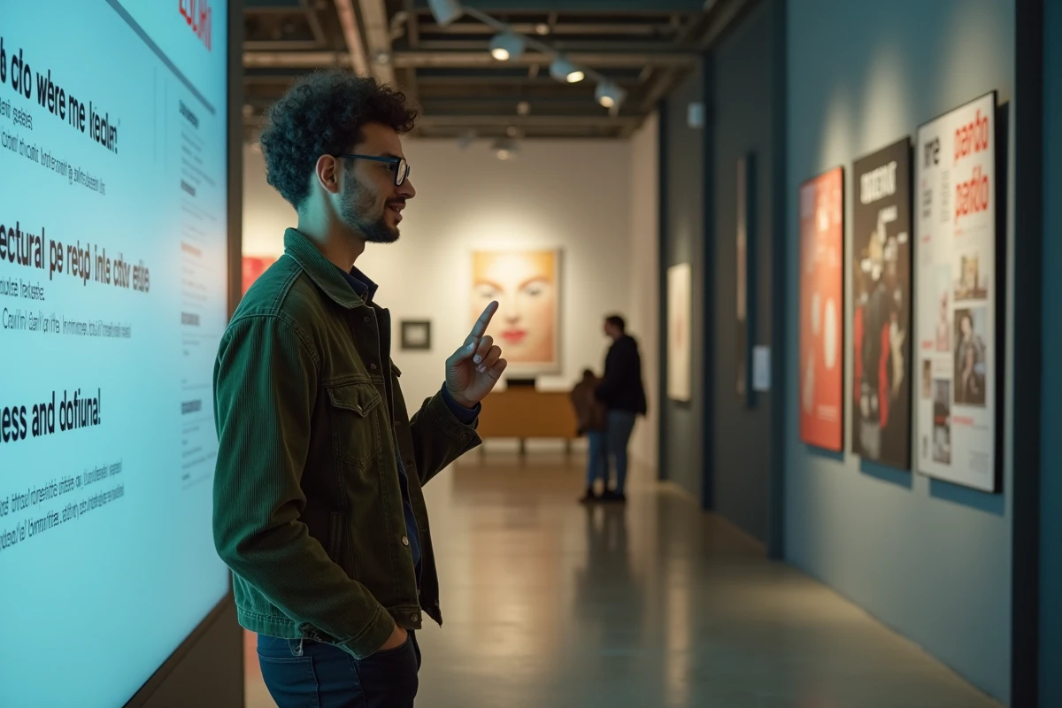 Homme consultant des offres d'emploi culturel sur un tableau numérique dans le hall d'une institution artistique