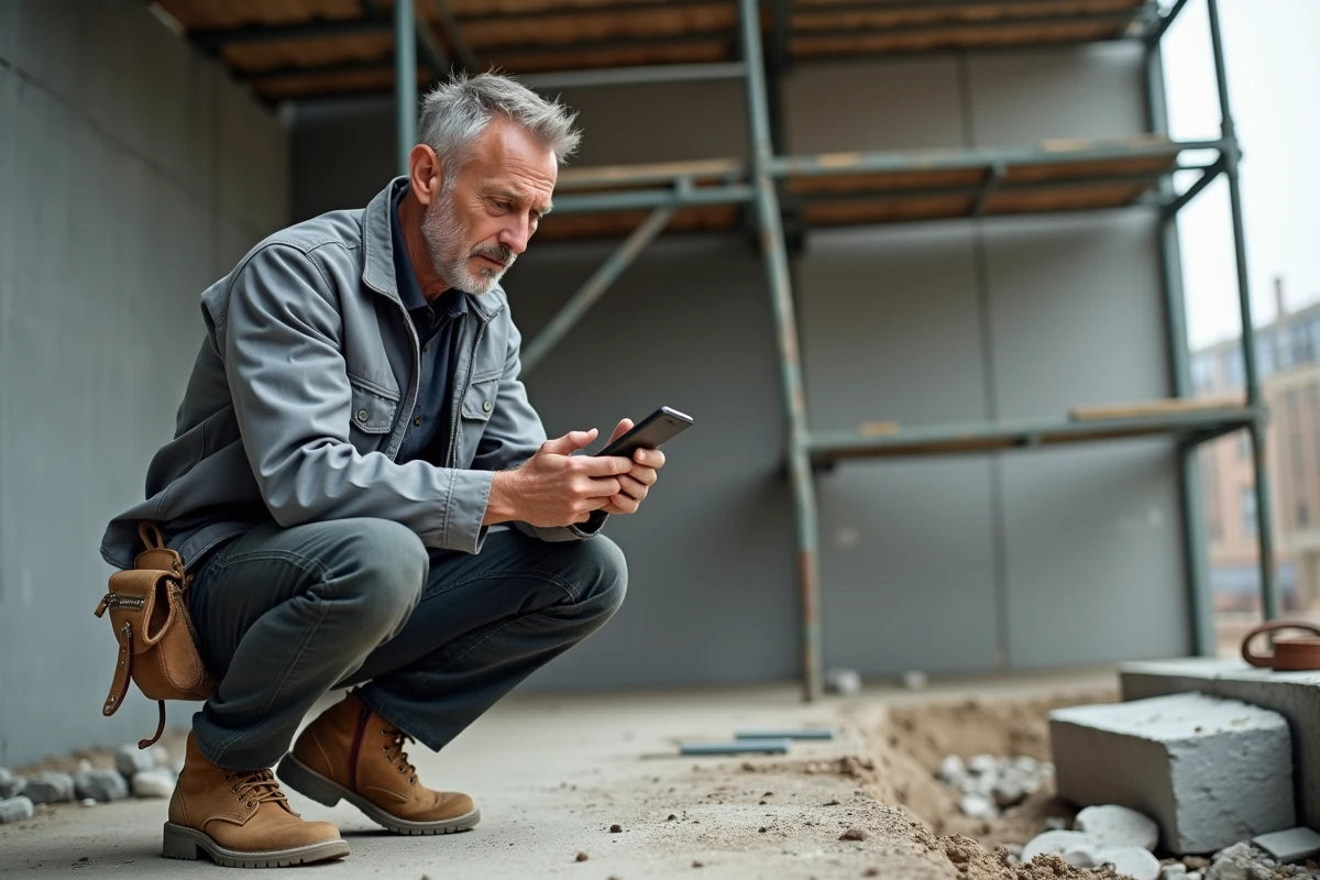 Ouvrier BTP consultant des avis de formation sur son smartphone sur un chantier de construction
