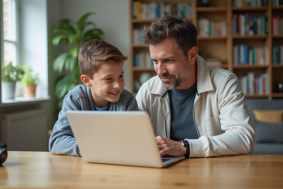 Père et fils regardant un ordinateur à la maison