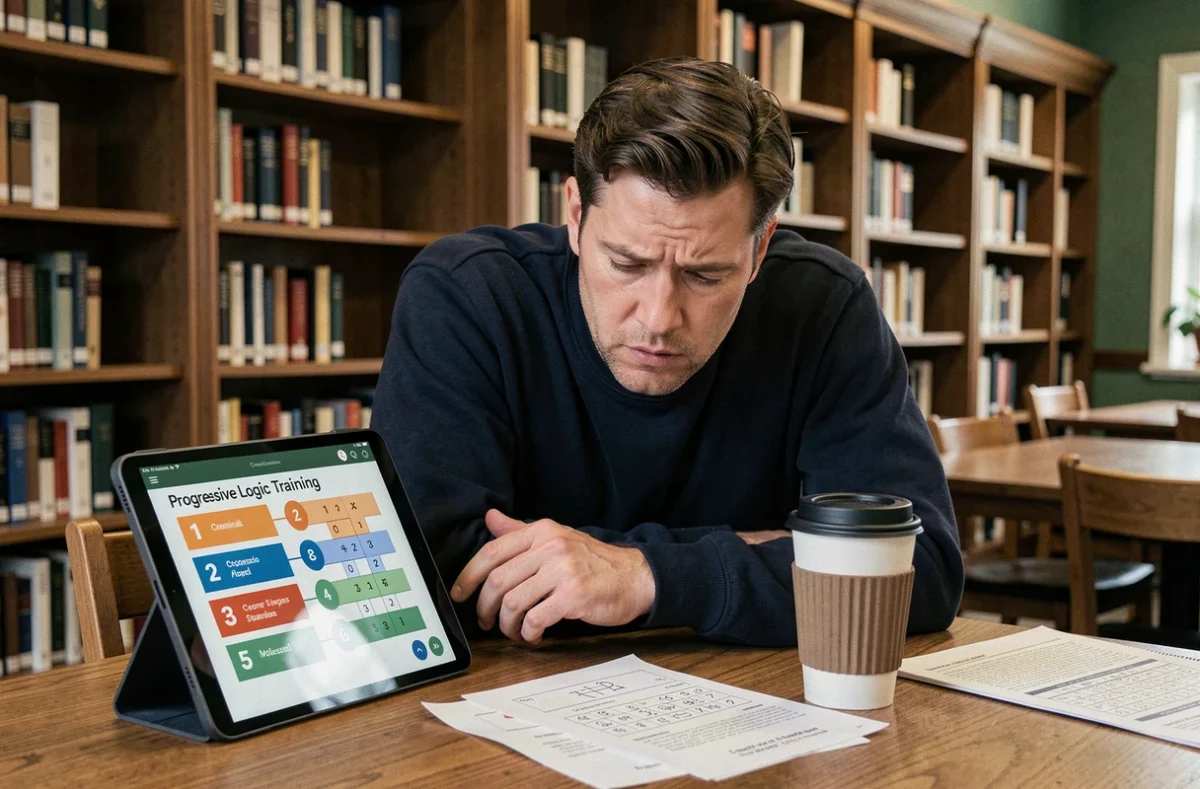 Homme adulte s'entraînant à des exercices de logique progressifs sur une tablette dans une bibliothèque calme avec des ressources imprimées