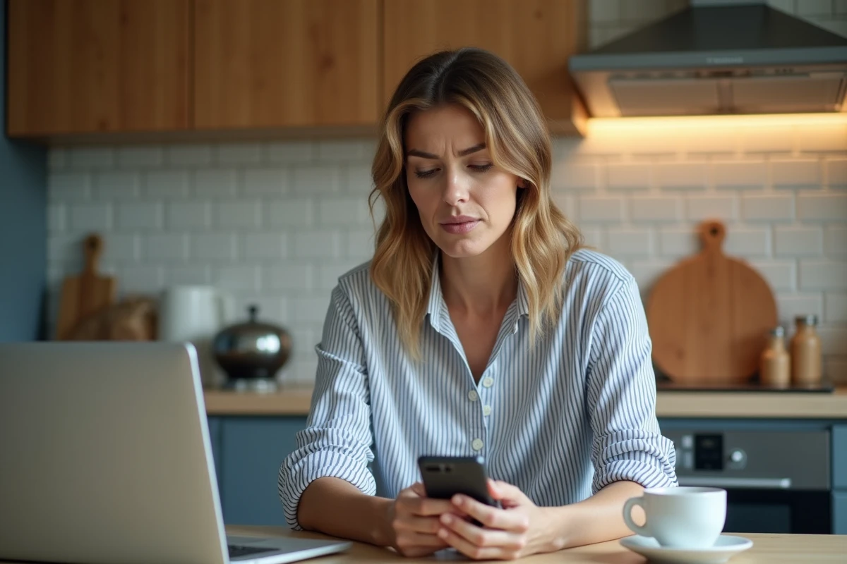 Parent consultant une erreur de connexion ENT Cholet sur son smartphone dans une cuisine moderne