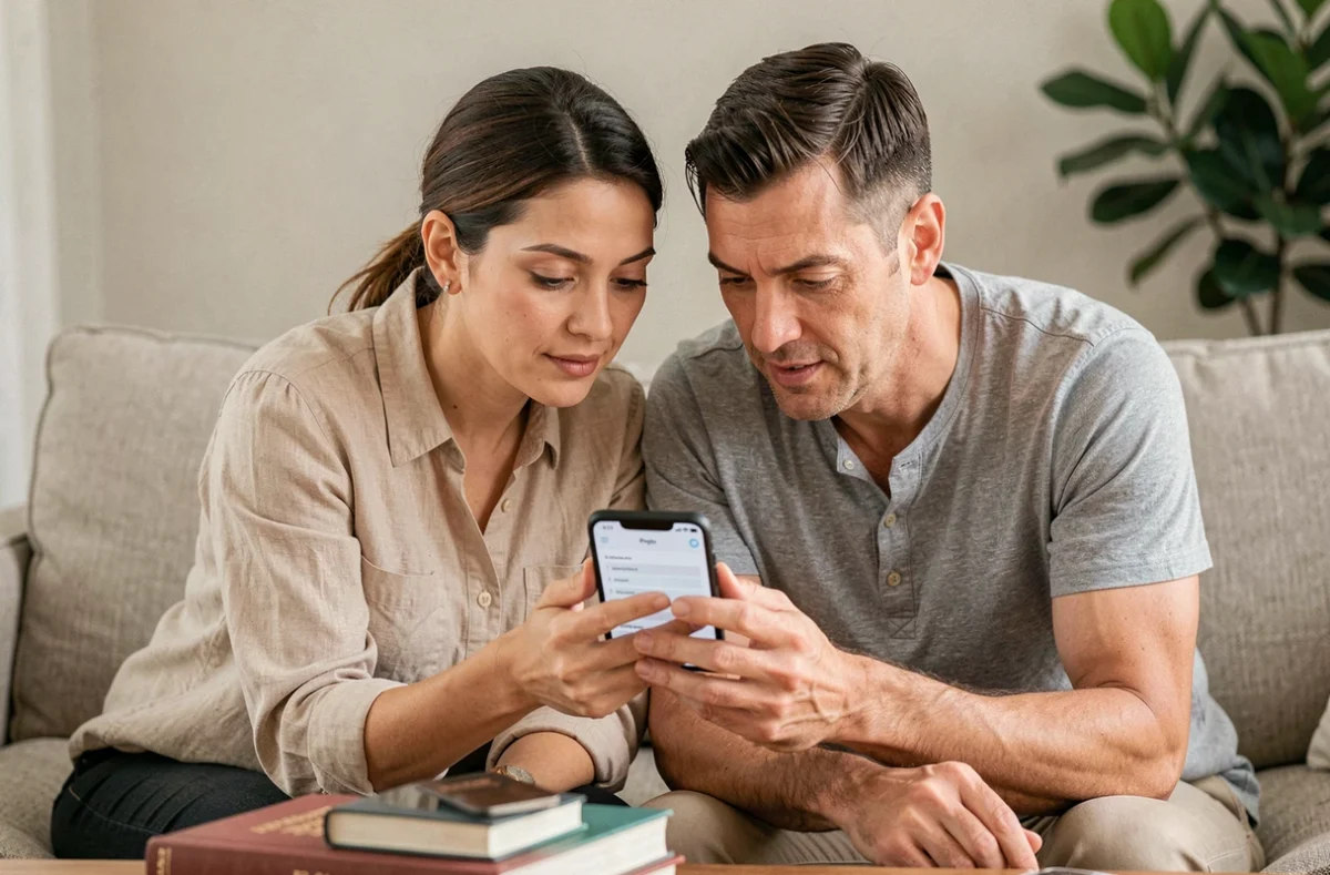Deux parents consultant ensemble l'application Scolinfo sur un smartphone dans le salon