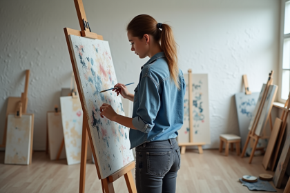 Jeune femme en studio créant une peinture abstraite