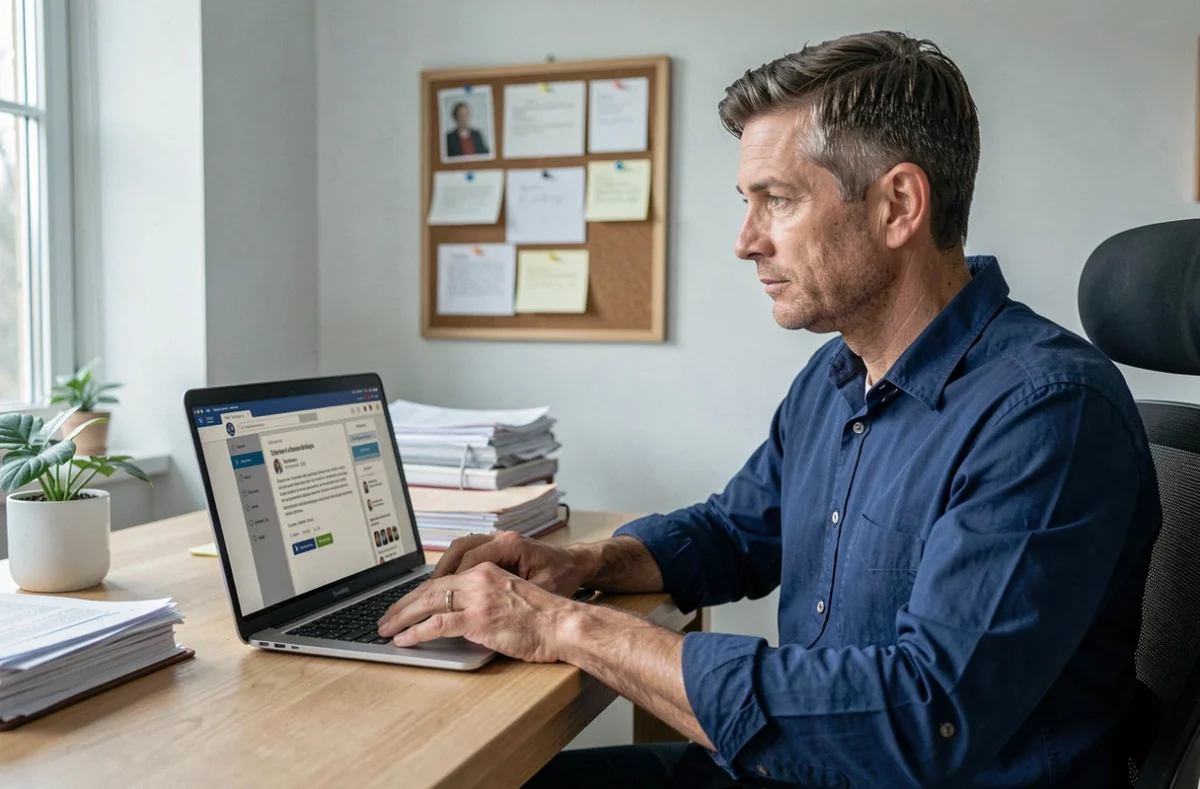 Père consultant les notifications scolaires sur un ordinateur portable dans un bureau à domicile