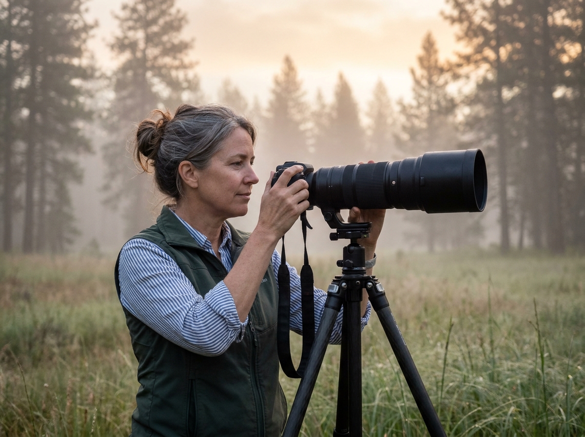 Photographe naturaliste femme utilisant un téléobjectif sur trépied en lisière de forêt brumeuse, symbole de la liberté des métiers de l'image en plein air