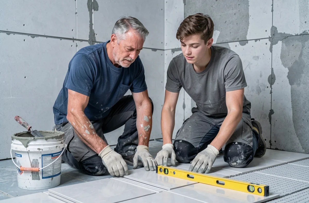 Deux bricoleurs posant du carrelage ensemble dans une salle de bain en rénovation avec outils et matériaux