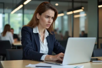 Femme assise devant un ordinateur portable affichant une erreur de connexion mail académique dans un bureau moderne