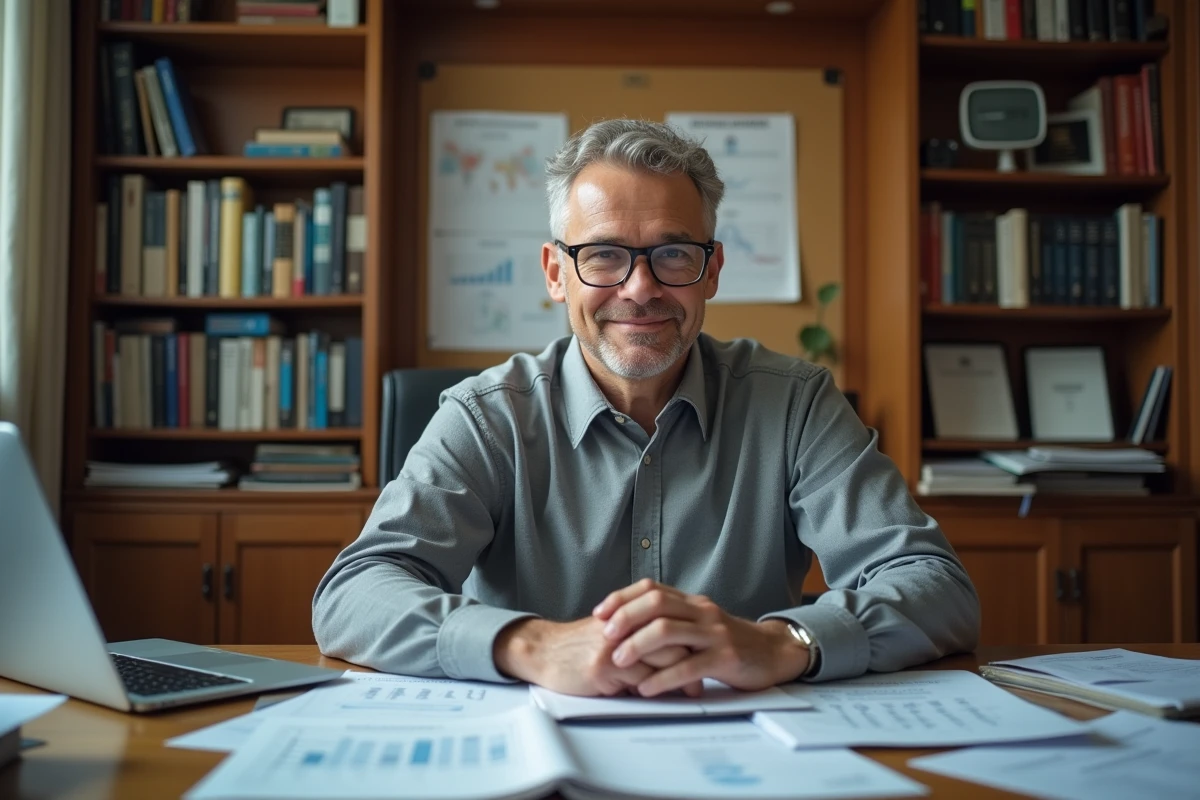 Professeur d'école d'ingénieur dans son bureau évaluant les classements des grandes écoles françaises