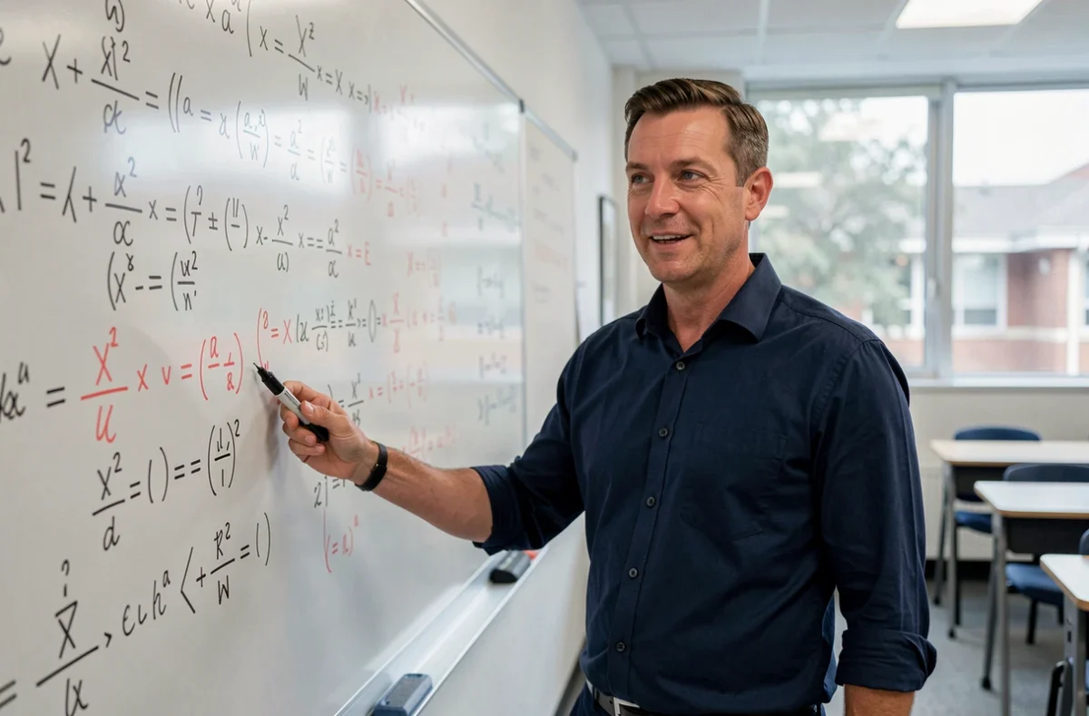 Professeur de mathématiques expliquant les équivalents et les limites au tableau blanc dans une salle de classe