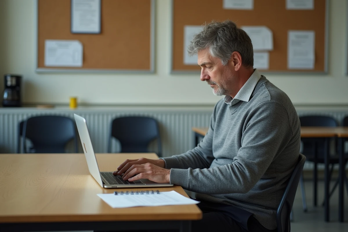 Professeur masculin accédant à son espace carrière sur l'intranet académique depuis la salle des professeurs