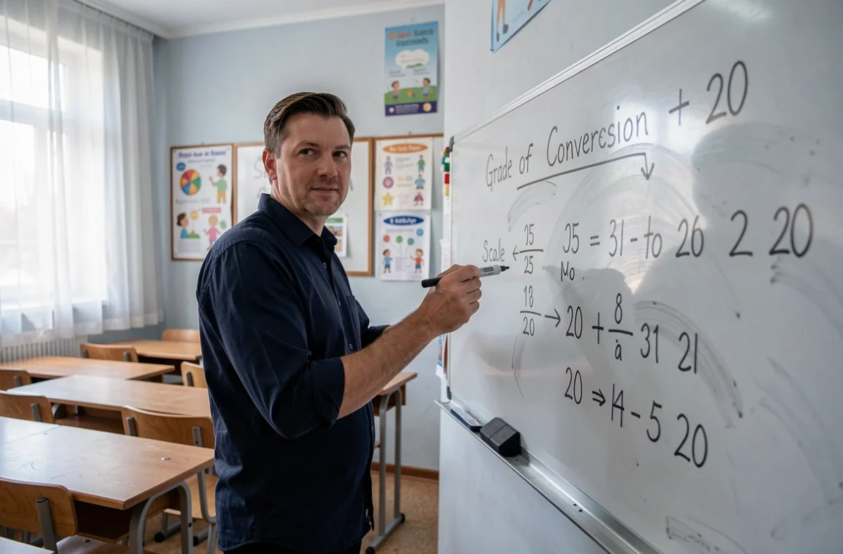 Professeur expliquant la conversion de notes sur 25 en notes sur 20 au tableau blanc dans une salle de classe