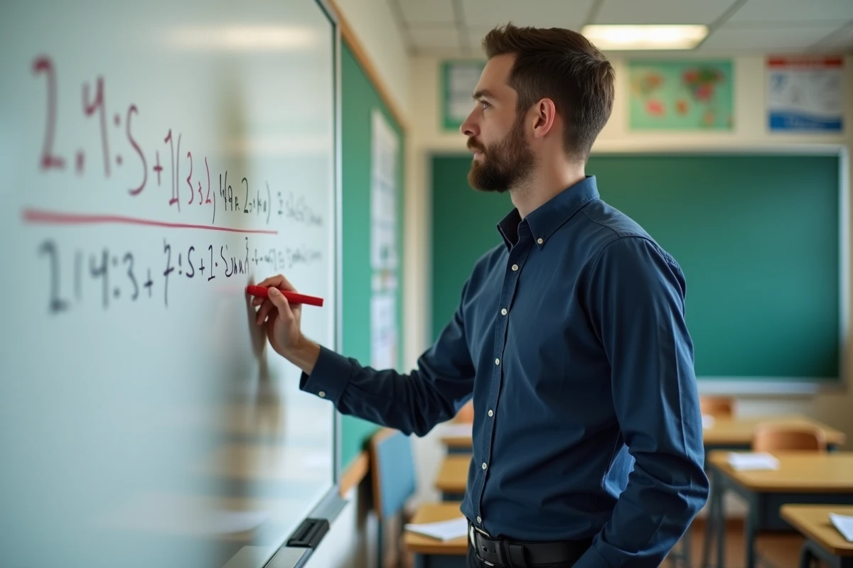 Professeur écrivant une formule de calcul de note sur 20 au tableau en classe